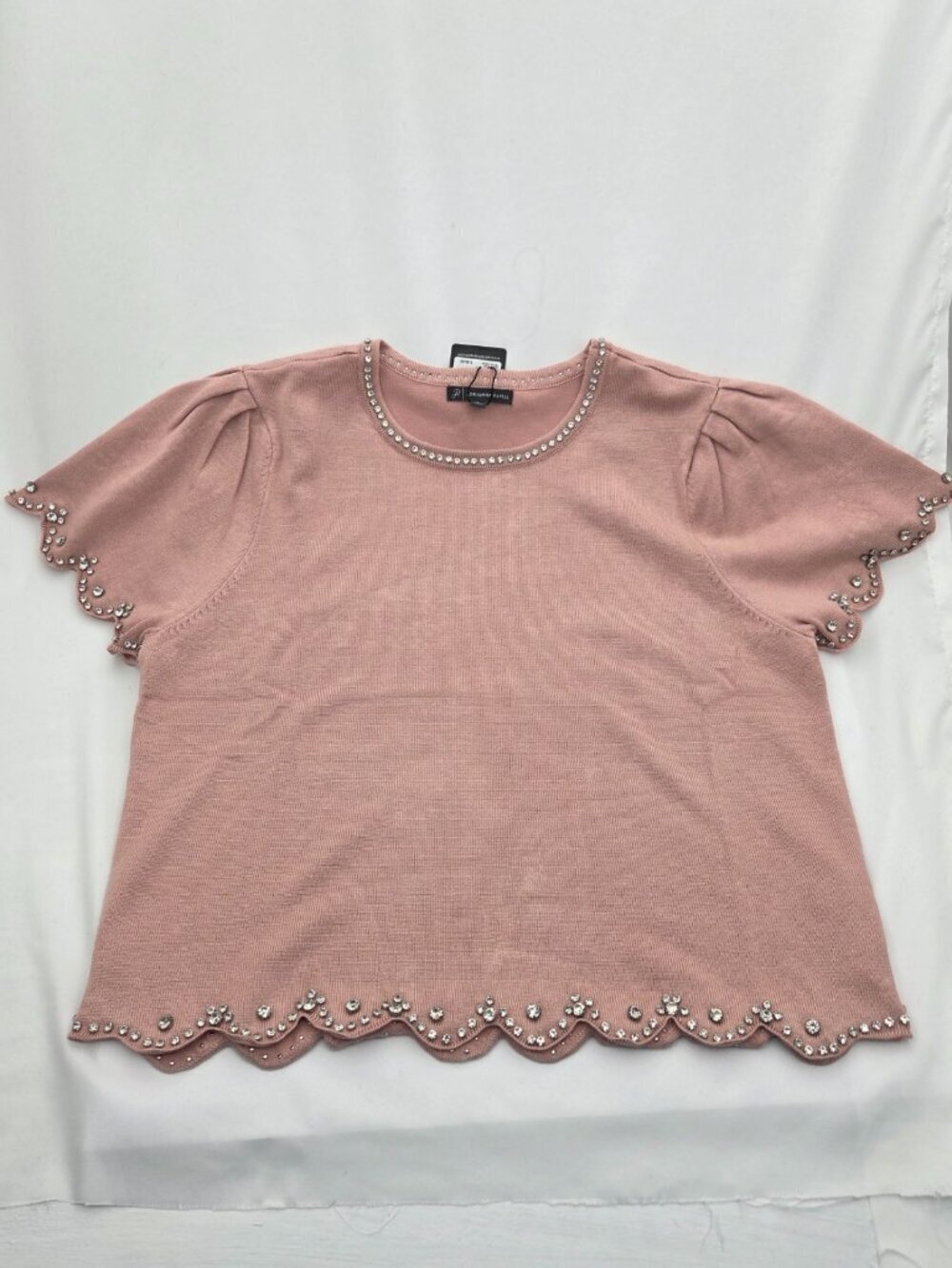 Adrianna Papell NWT Misty Rose Rhinestone Scalloped Cropped Sweater Large - Picture 2 of 10